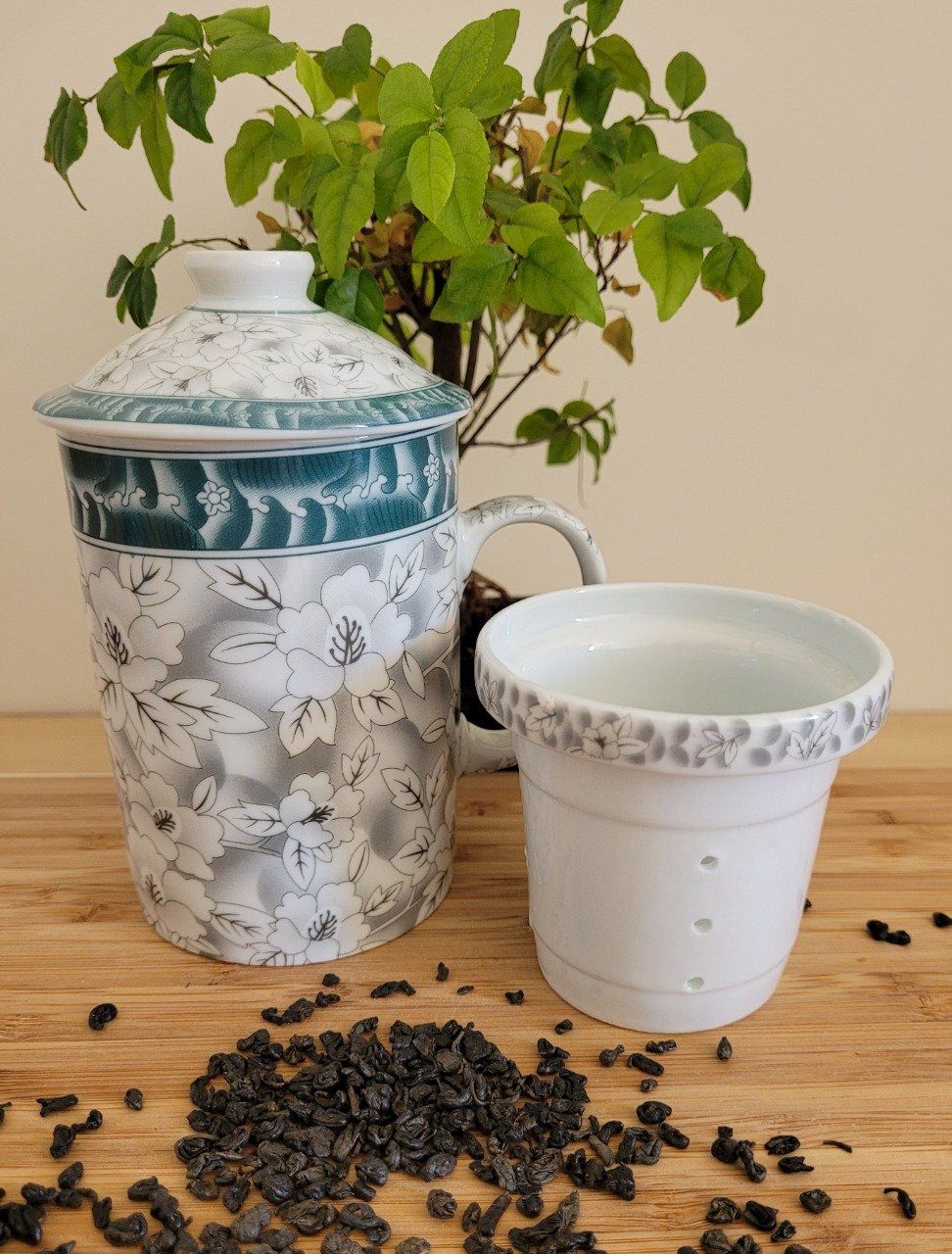 Tasse pour infusion de Thé ou Tisanes fleurs blanches - Coralie-shop