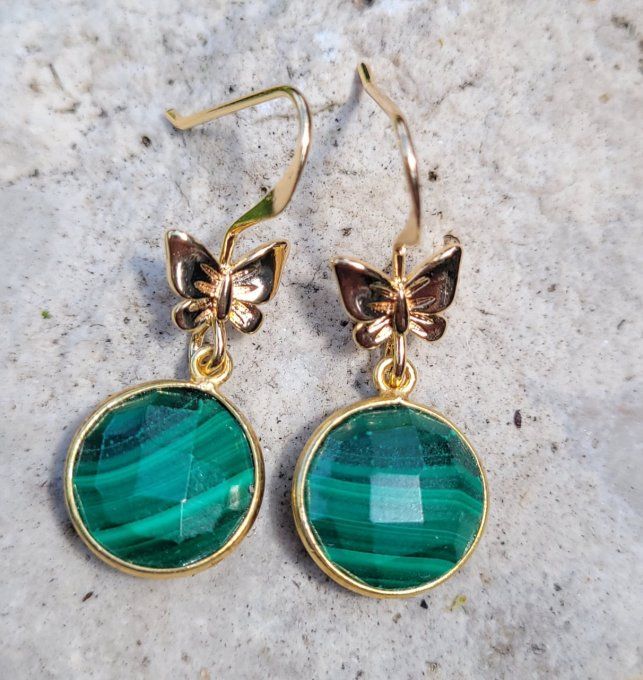 Boucles d'oreilles papillon et Malachite en argent doré 