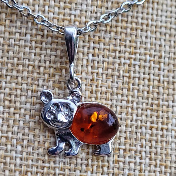 Pendentif panda en argent rhodié et ambre cognac